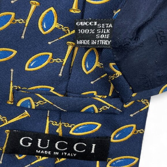 Gucci Silk Tie Italy Made Vintage Horsebit Blue Gold Starter Horn Horse Racing - Picture 5 of 7
